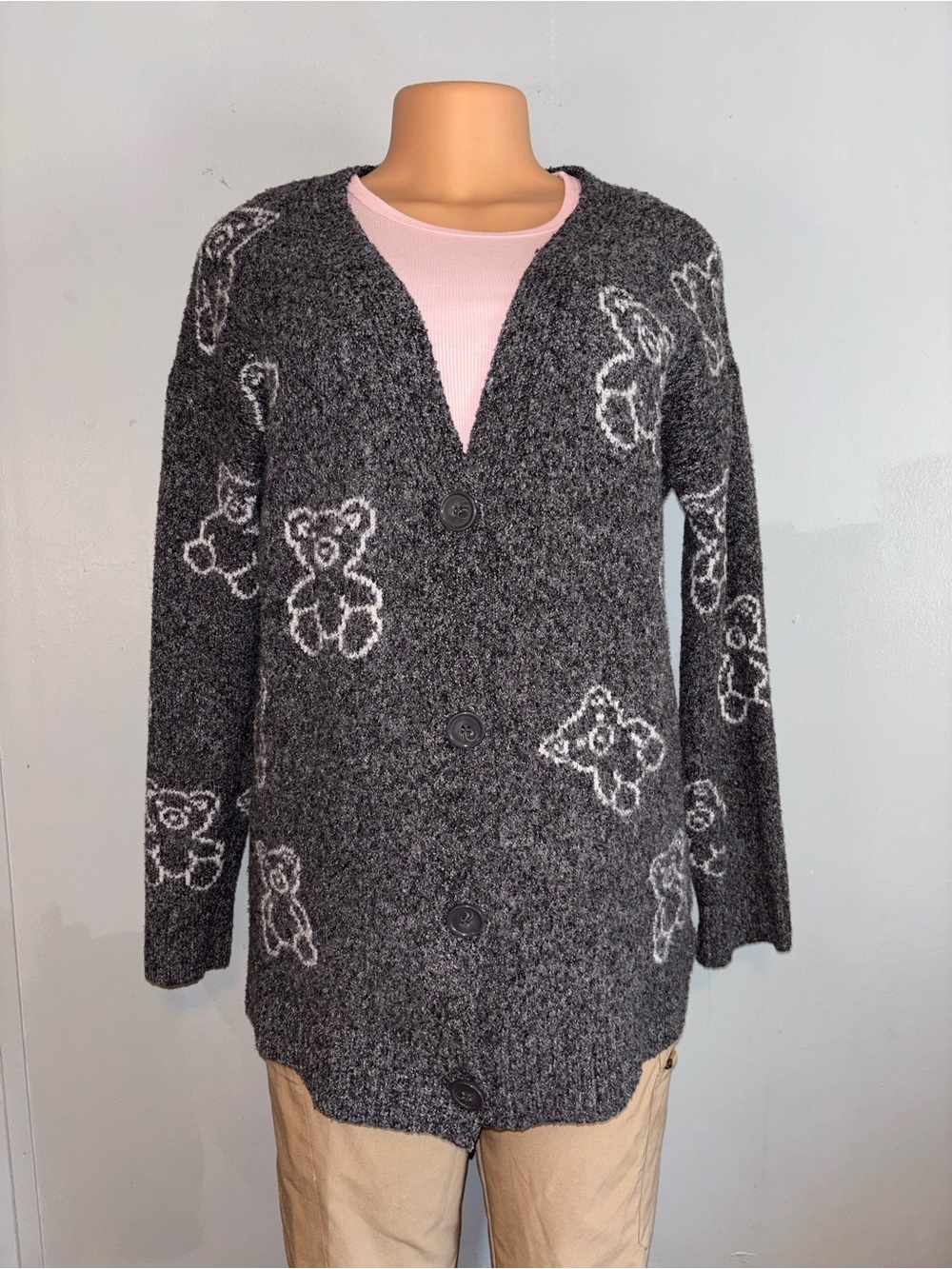 No Boundaries Charcoal Gray Teddy Knit Button Cardigan
